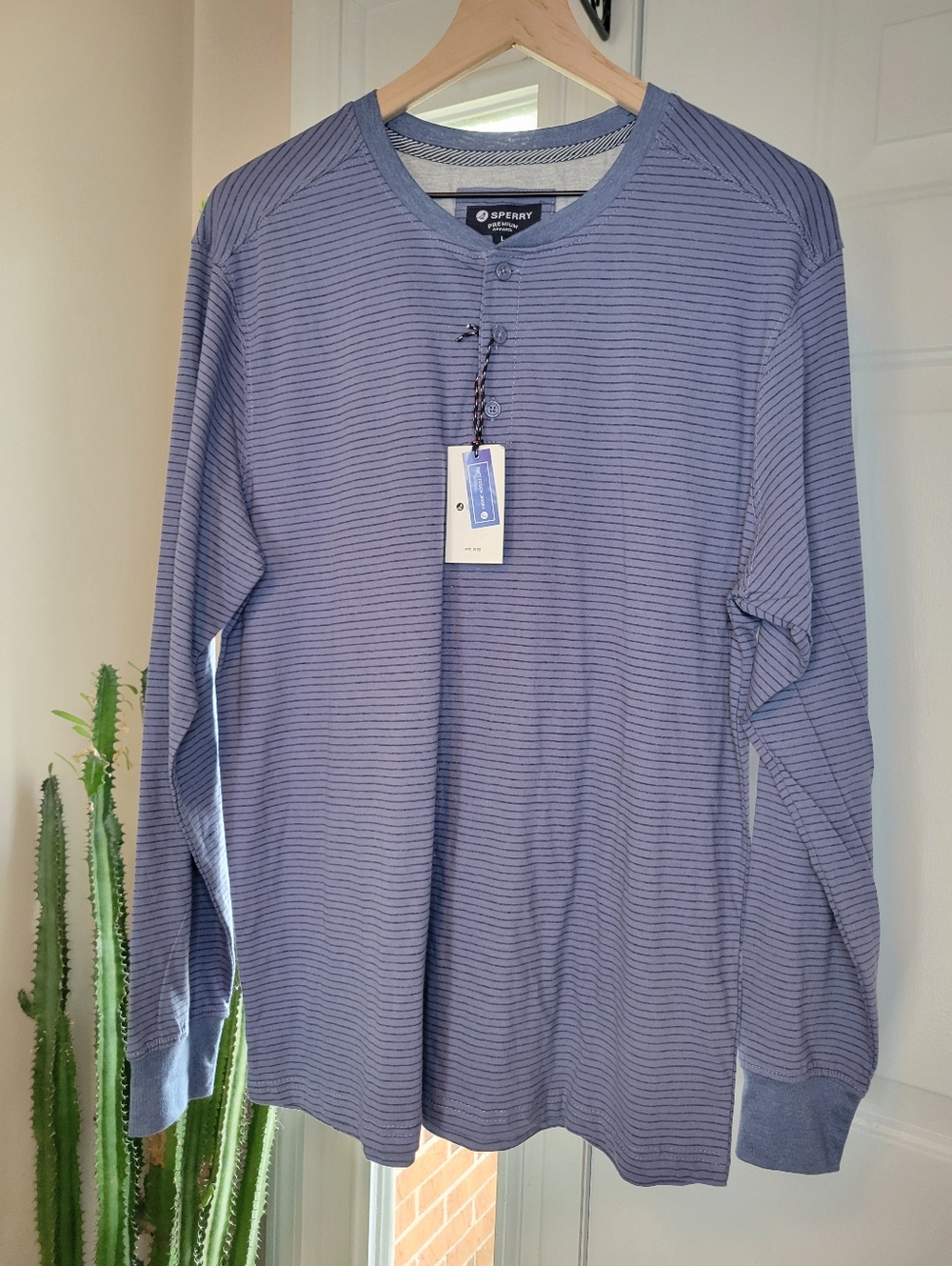 NEW Sperry Striped Long Sleeve Henley Blue‎ Longsleeve Shirt, Size L